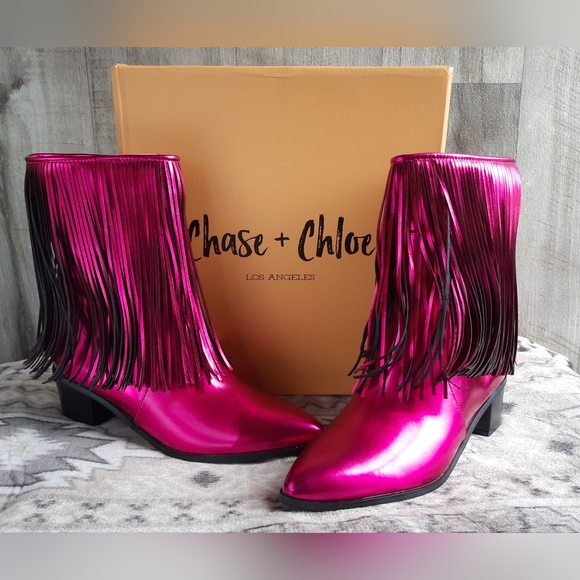 NIB 💖Chase and Chloe Metallic Sz 7.5 Malena Fringe Boots Pink Barbiecore - Picture 2 of 8